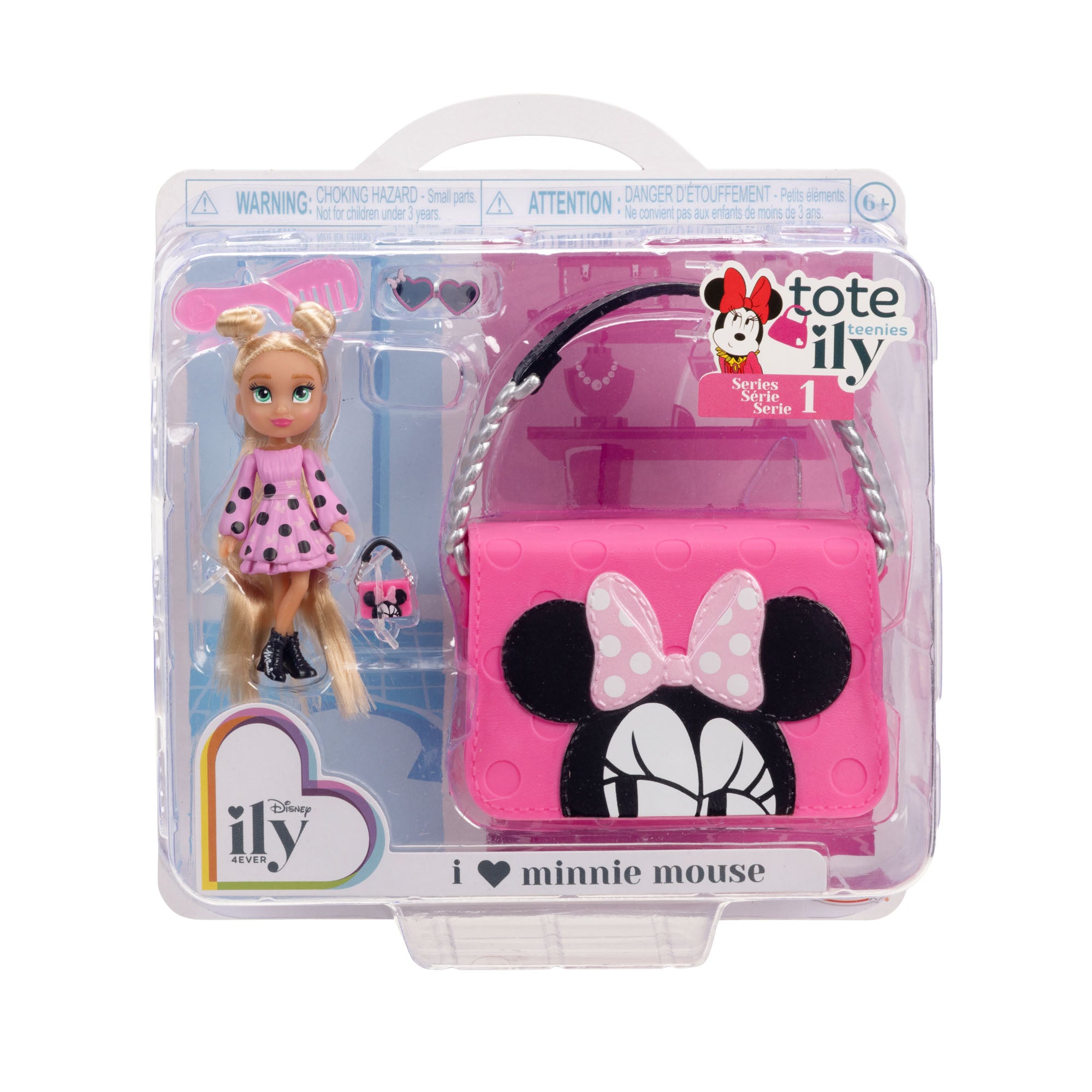 Packaged toy set with a pink bag featuring Minnie Mouse design and a doll in a polka dot dress.