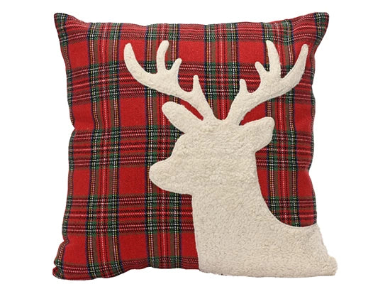 Pillow with red plaid pattern and white deer silhouette on a white background