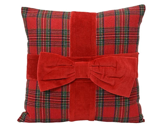 Festive Cotton Check Cushion with Reindeer or Bow