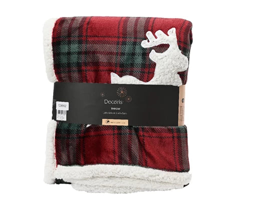 Red and green plaid blanket with white trim and reindeer design, branded 'Deco' on a white background.