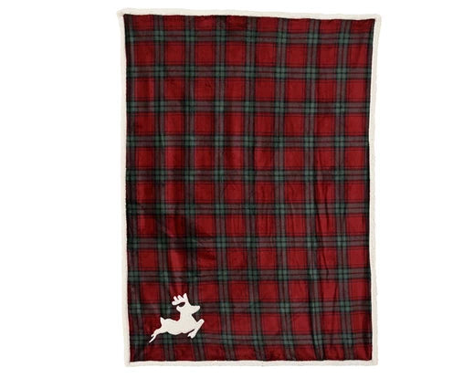 Red and green plaid blanket with a white deer silhouette on a white background