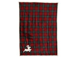 Red and green plaid blanket with a white deer silhouette on a white background