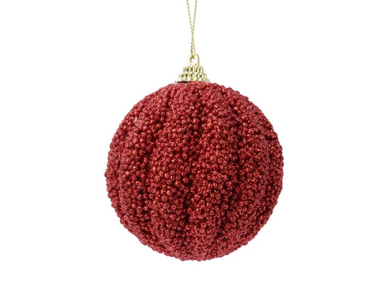 8cm Christmas red foam bauble covered in glitter with gold cap and wire