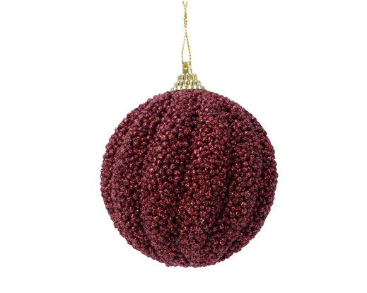 8cm Christmas red foam bauble covered in glitter with gold cap and wire