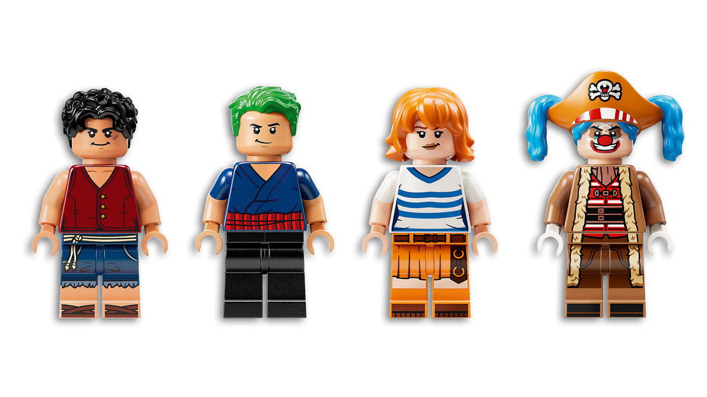 Four LEGO minifigures in pirate-themed outfits on a white background