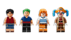Four LEGO minifigures in pirate-themed outfits on a white background