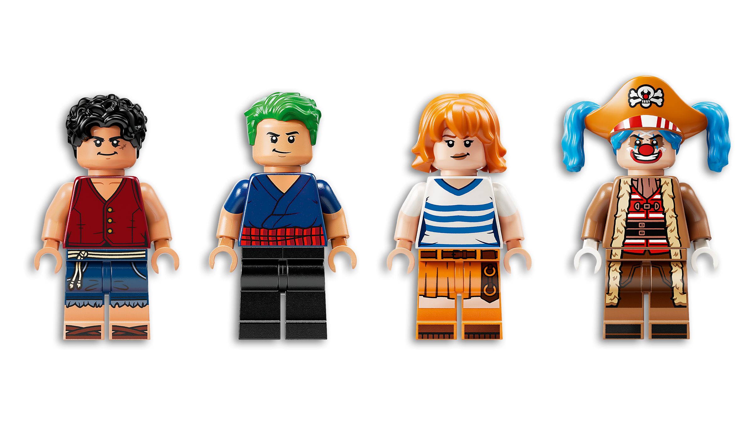 Four LEGO minifigures in pirate-themed outfits on a white background