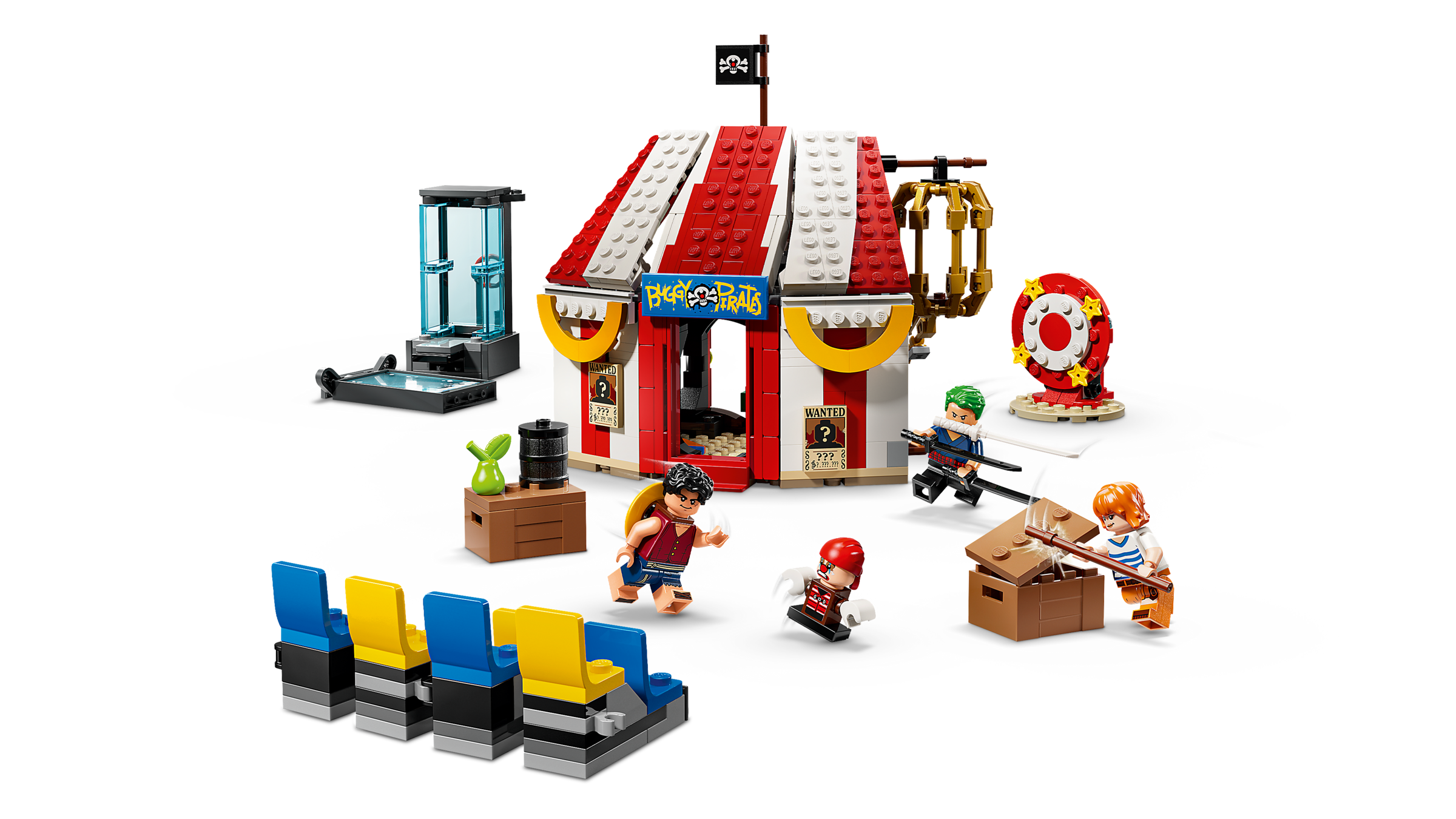 LEGO set with a circus-themed building, performers, and audience chairs on a white background