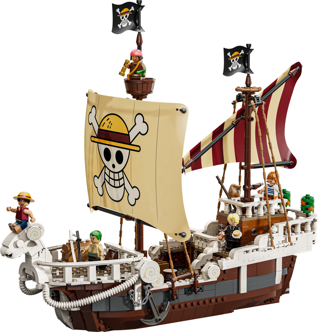Pirate ship model made of building blocks with a skull and crossbones flag on a white background