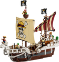 Pirate ship model made of building blocks with a skull and crossbones flag on a white background