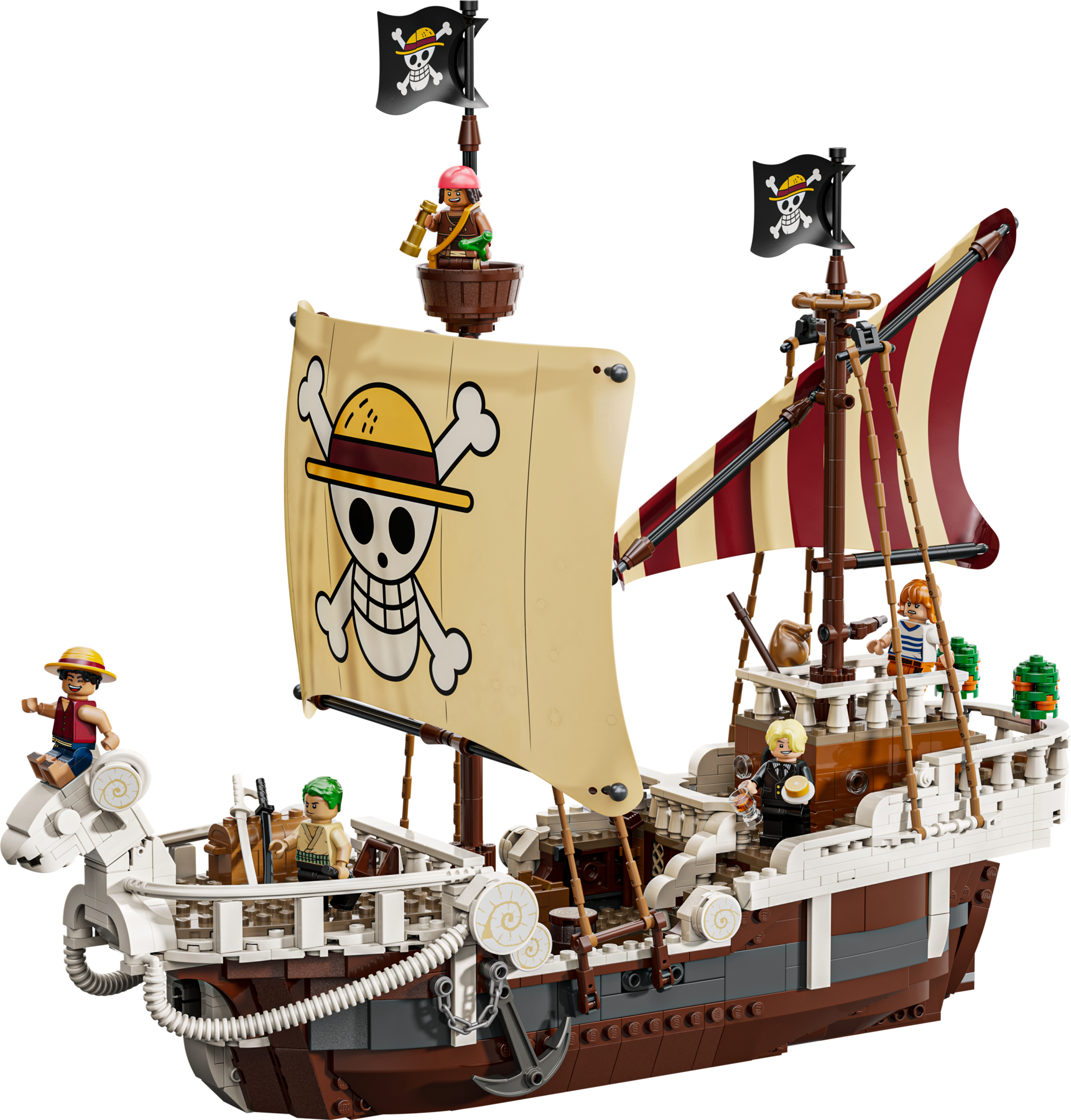 Pirate ship model made of building blocks with a skull and crossbones flag on a white background