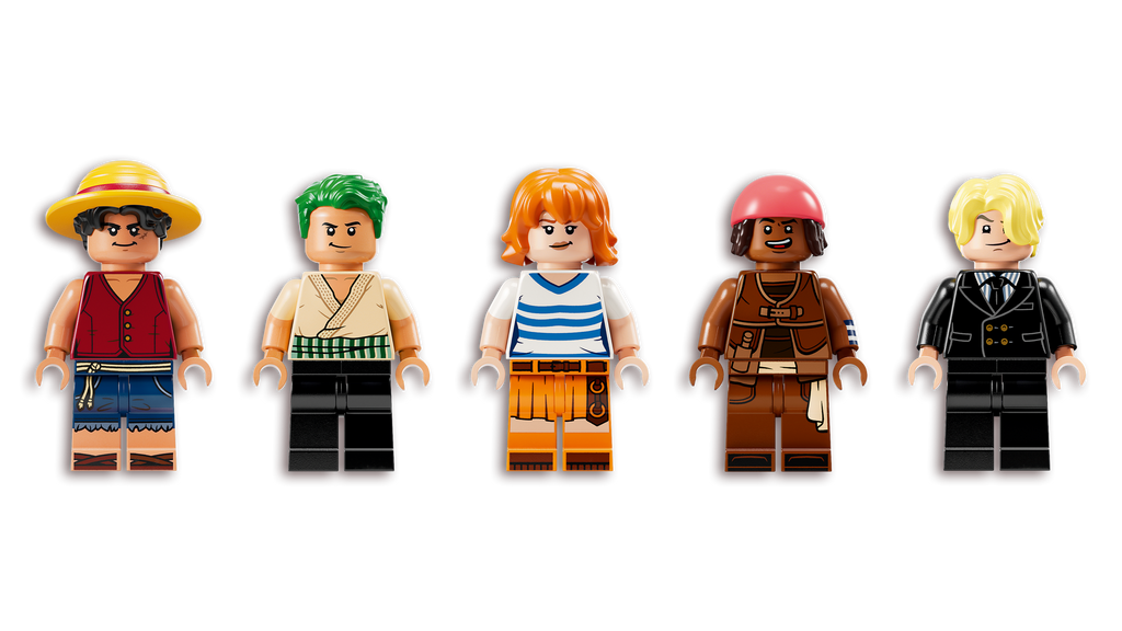 Five LEGO minifigures with different outfits on a white background One PIece Versions