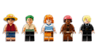 Five LEGO minifigures with different outfits on a white background One PIece Versions
