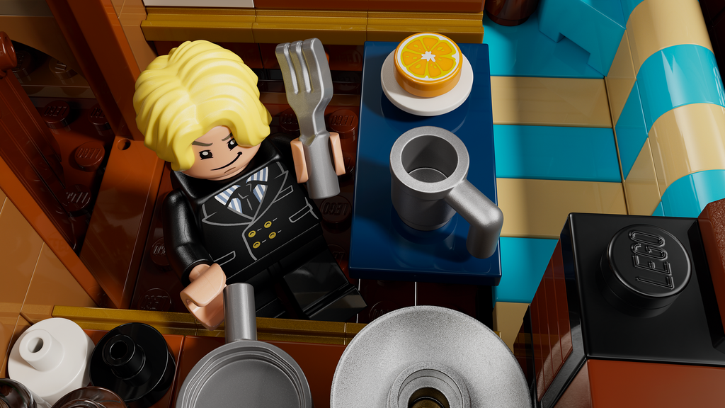 LEGO figure with kitchen utensils and ingredients on a blue cutting board one piece dinner