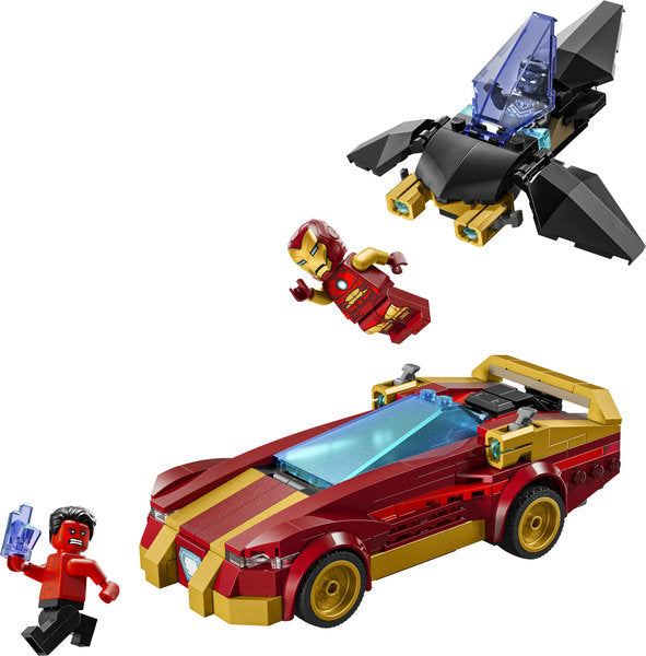 LEGO Marvel 76310 Iron Man sports car and Black Panther aircraft with minifigures Iron Man, Black Panther, Red Hulk & Dum‑E