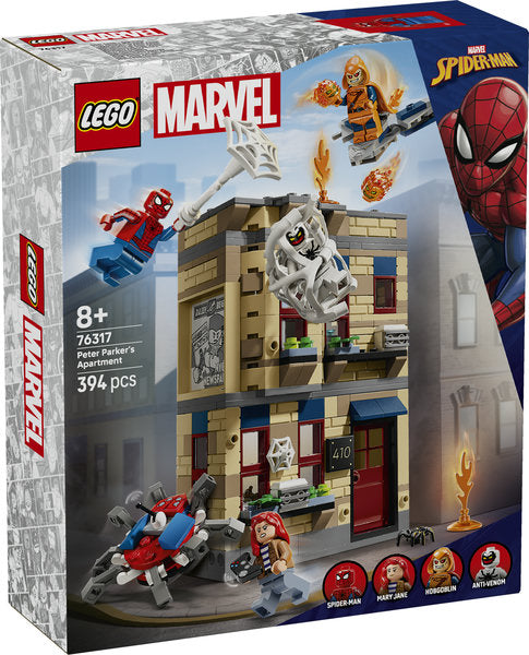 LEGO Marvel Peter Parker’s Apartment set 76317 featuring Spider-Man, Mary Jane, Hobgoblin, Anti-Venom, collapsing wall & flexible web