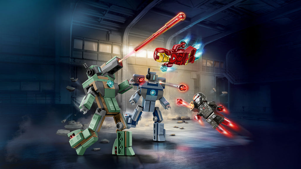 LEGO Marvel 76320 Iron Man & War Machine minifigures with two Hammer drones in battle configuration