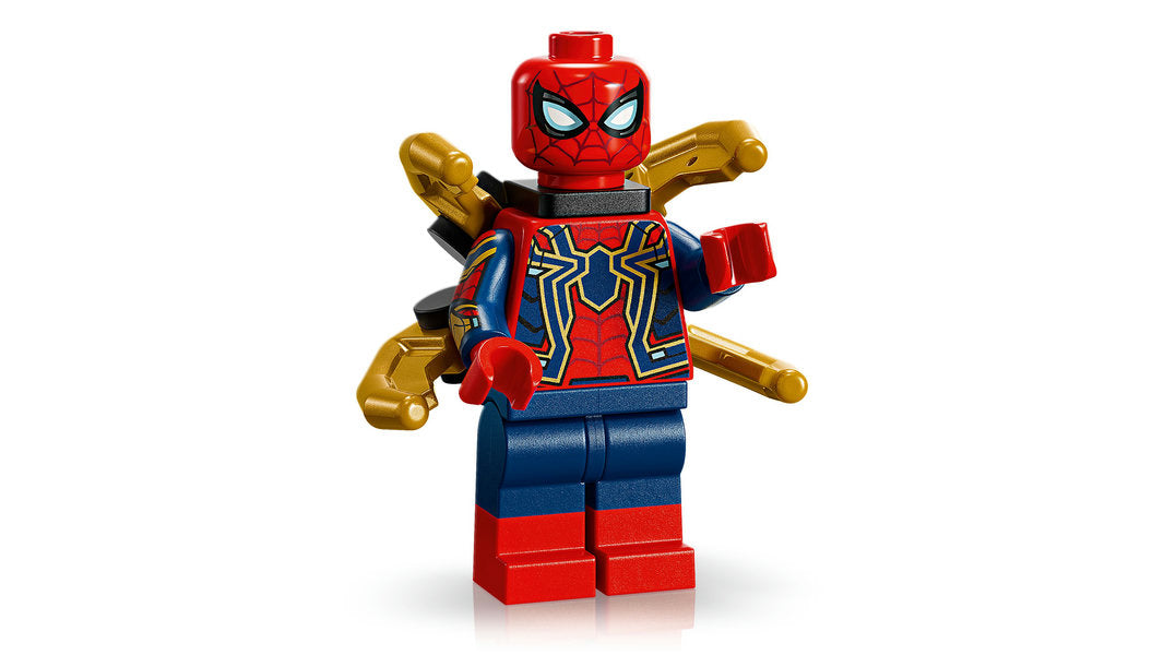 LEGO Spider-Man figure with red and blue suit and webbed mask on a white background