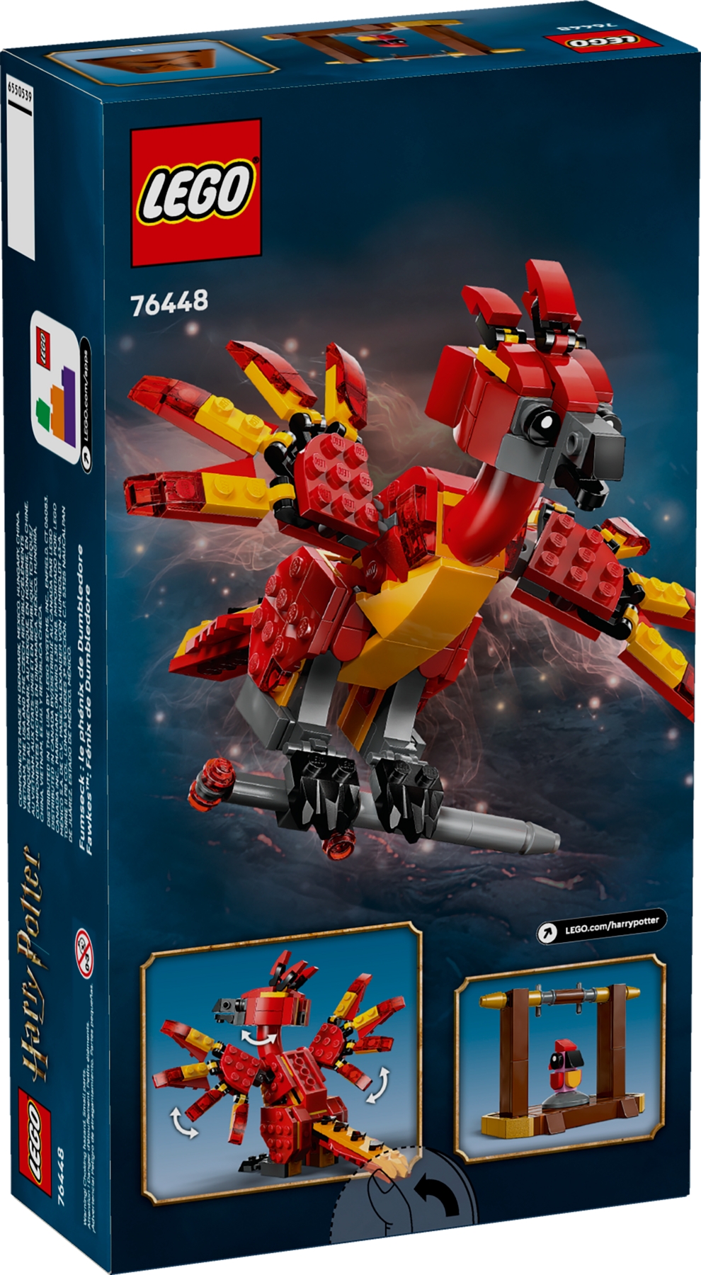 LEGO set packaging with a fawkes a phoneix  on a dark blue background
