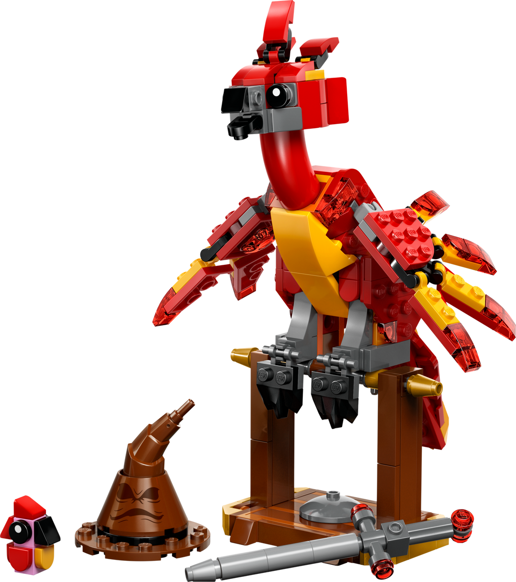Red and yellow phoenixe LEGO set on a white background