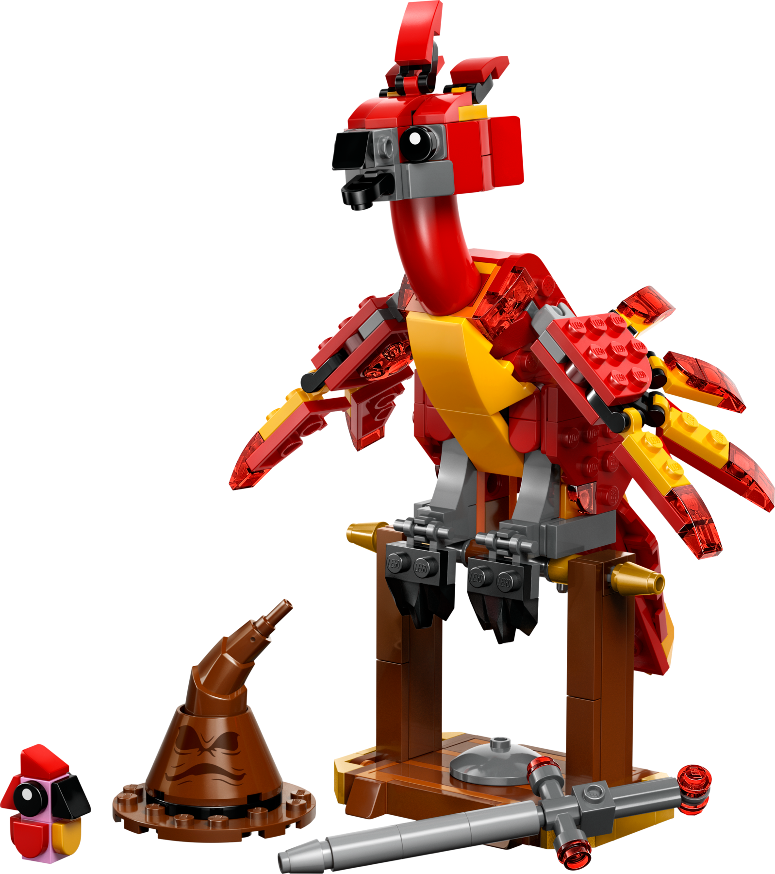 Red and yellow phoenixe LEGO set on a white background