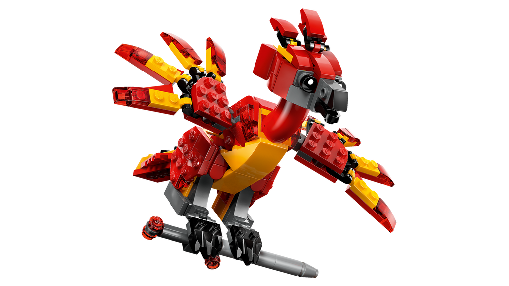 Red and yellow bird-like creature made of interlocking bricks on a white background
