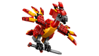 Red and yellow bird-like creature made of interlocking bricks on a white background