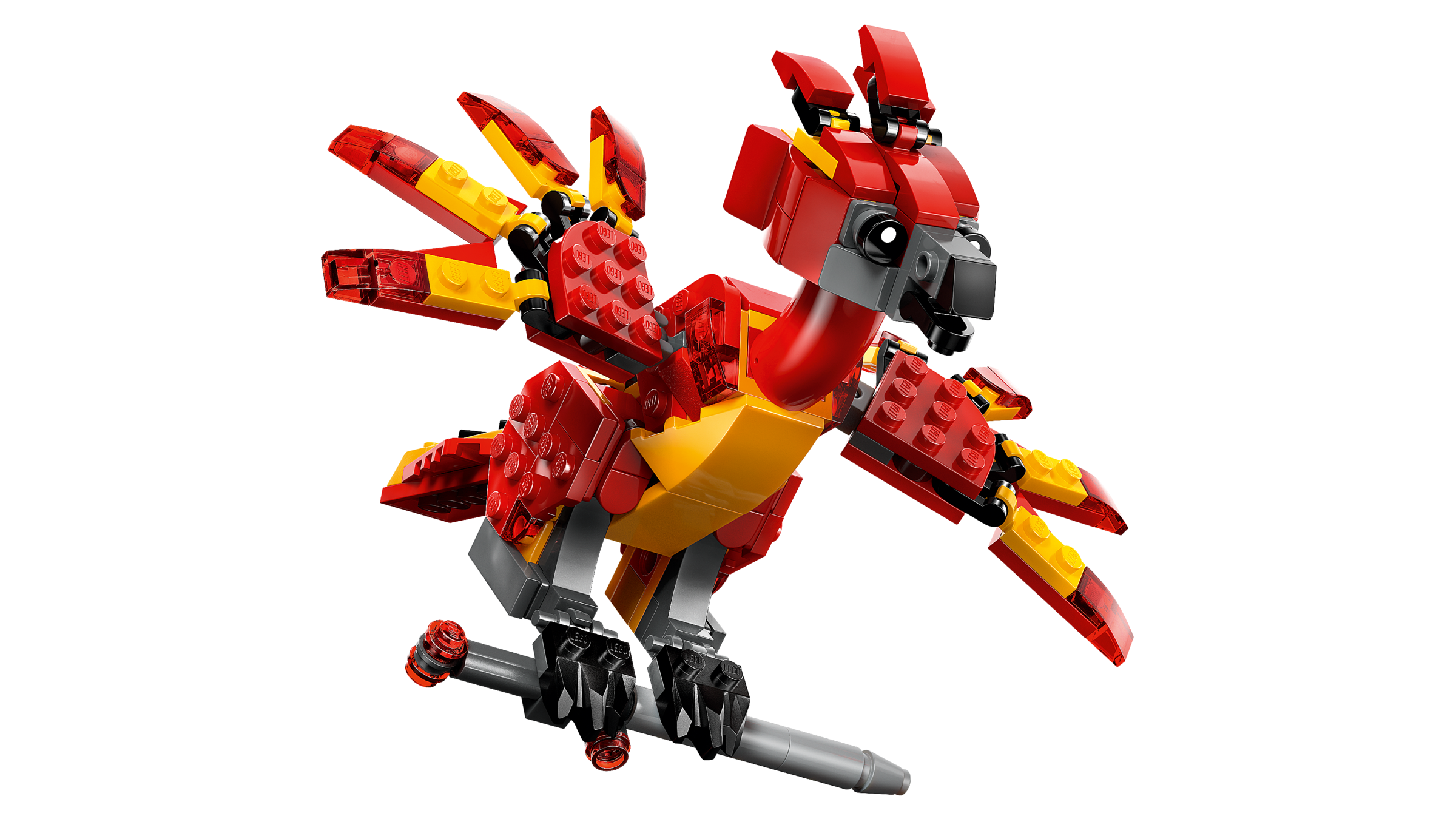 Red and yellow bird-like creature made of interlocking bricks on a white background