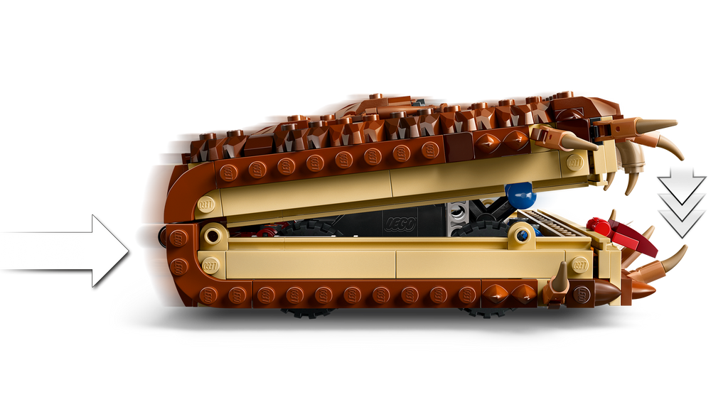 Close-up of a LEGO model of a dragon-like creature with open mouth on a white background