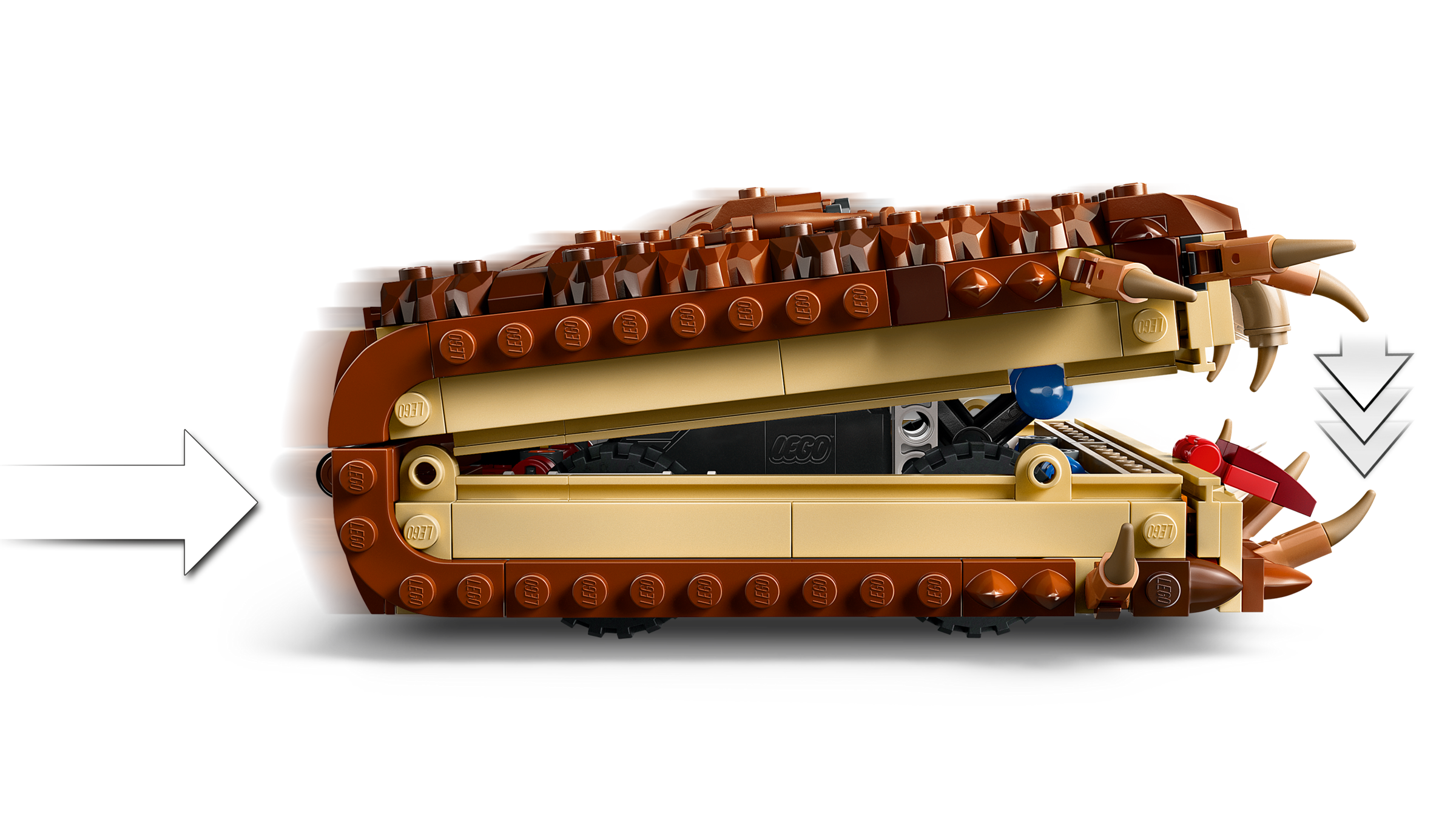 Close-up of a LEGO model of a dragon-like creature with open mouth on a white background