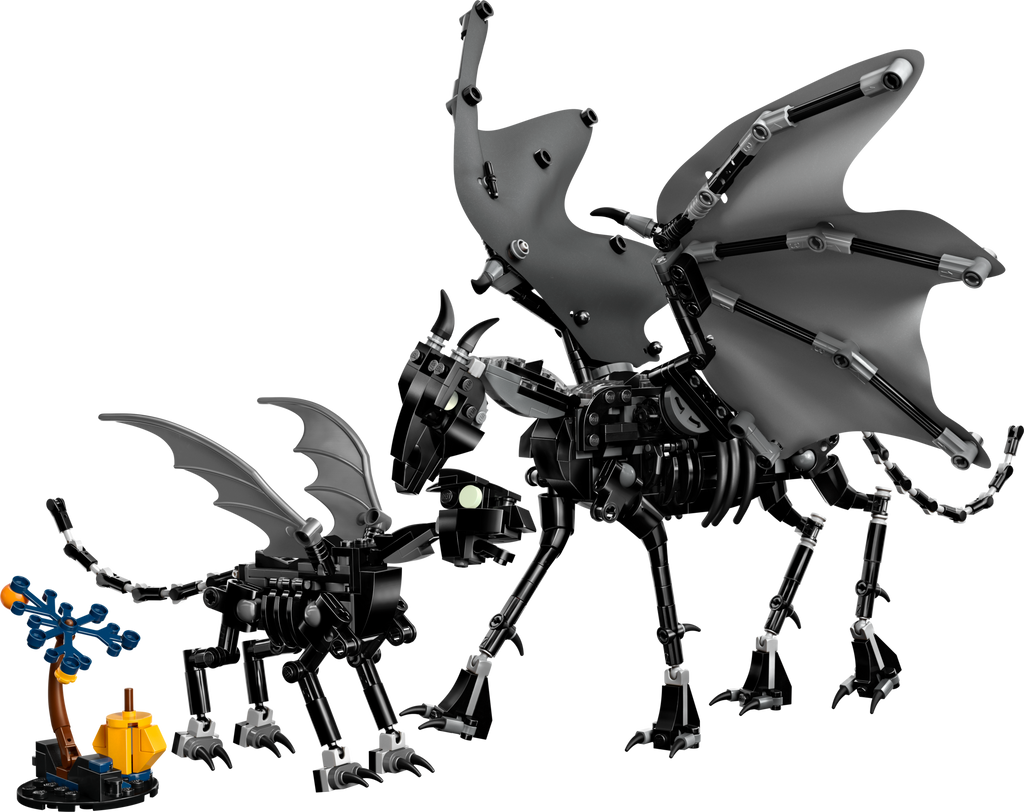 Two black and gray thestral creatures made of interlocking bricks on a white background