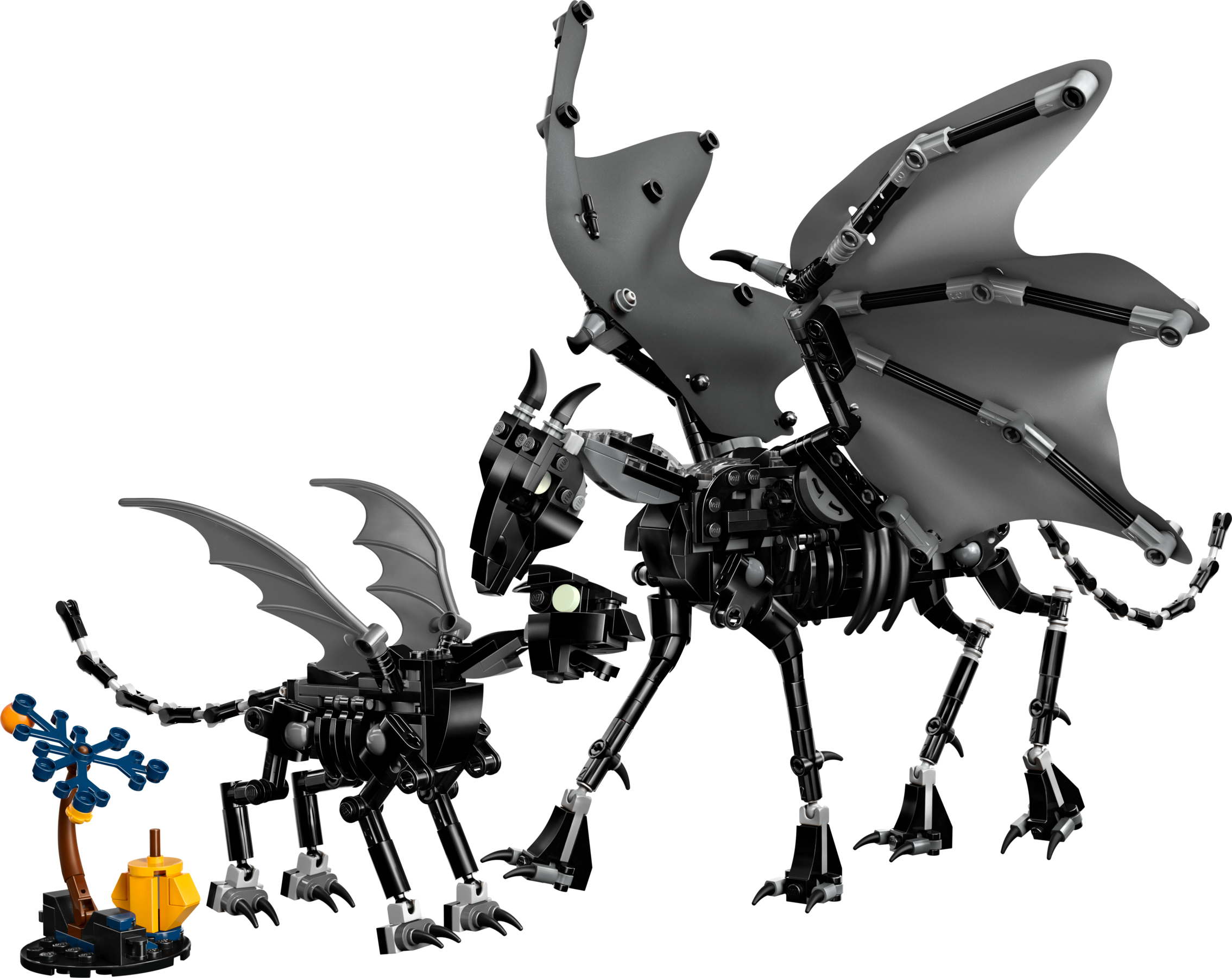 Two black and gray thestral creatures made of interlocking bricks on a white background