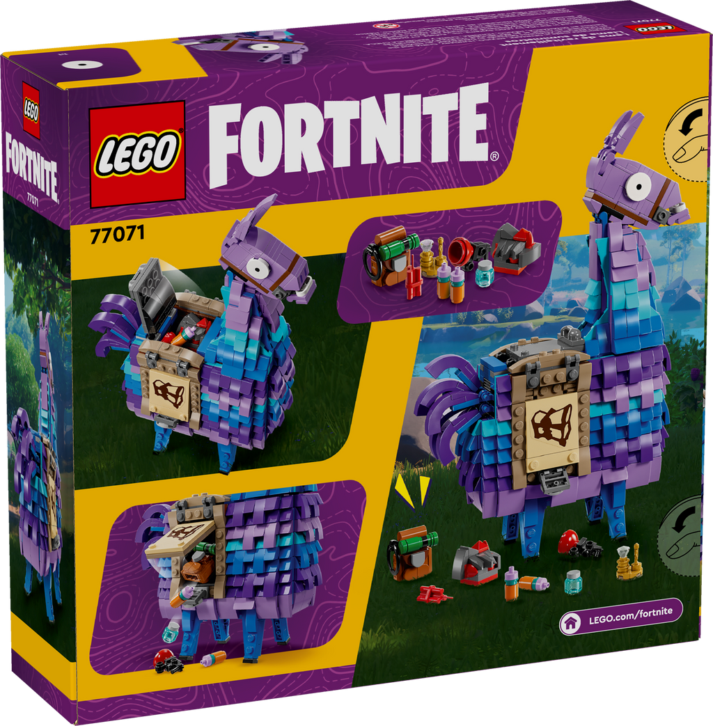 LEGO Fortnite llama set packaging with purple and blue llama figure on a green background