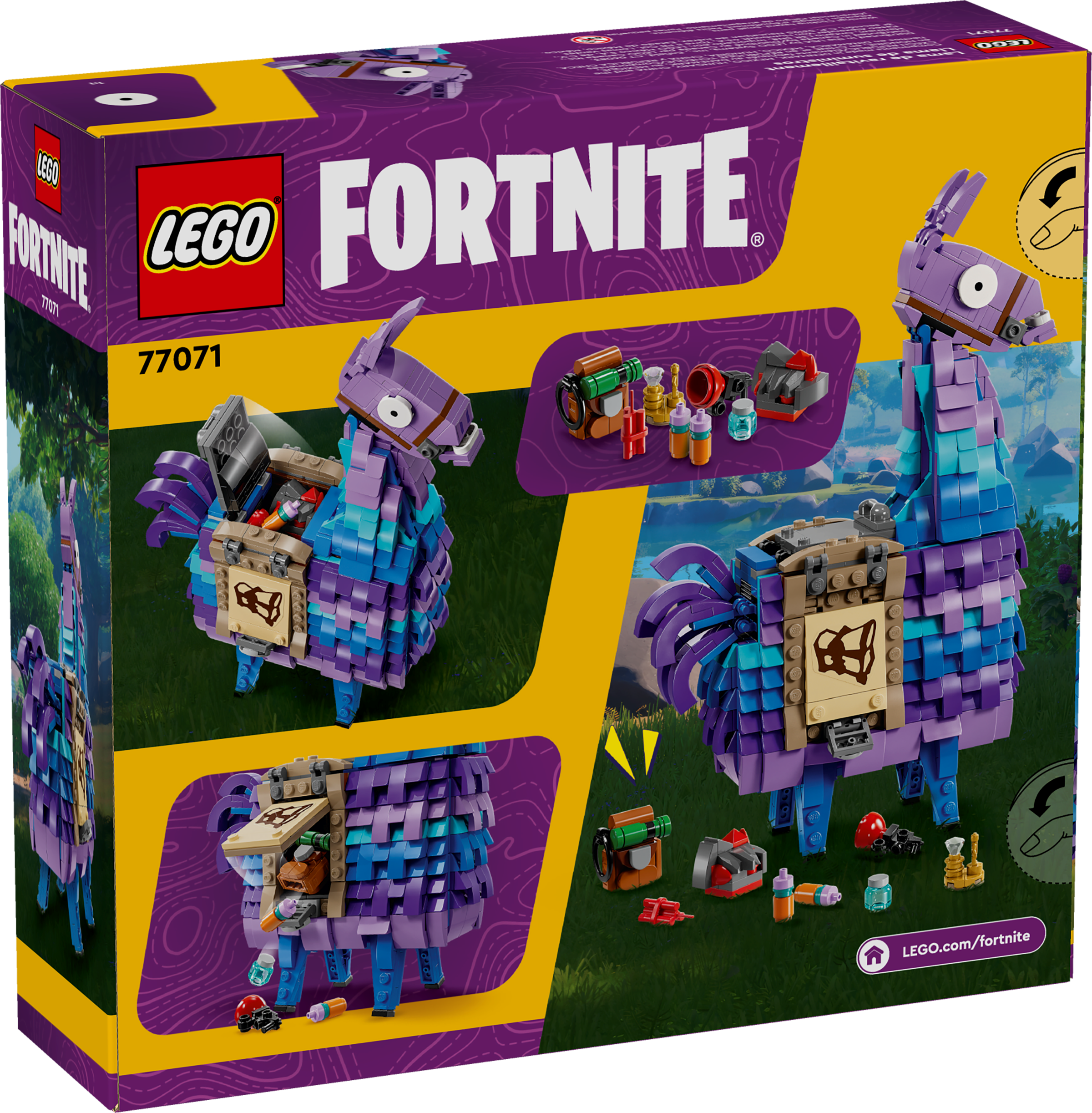 LEGO Fortnite llama set packaging with purple and blue llama figure on a green background