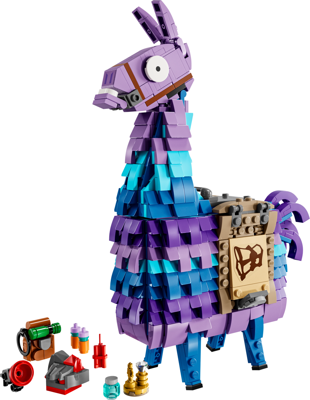 LEGO set of a colorful llama-like creature with accessories on a white background