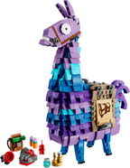 LEGO set of a colorful llama-like creature with accessories on a white background