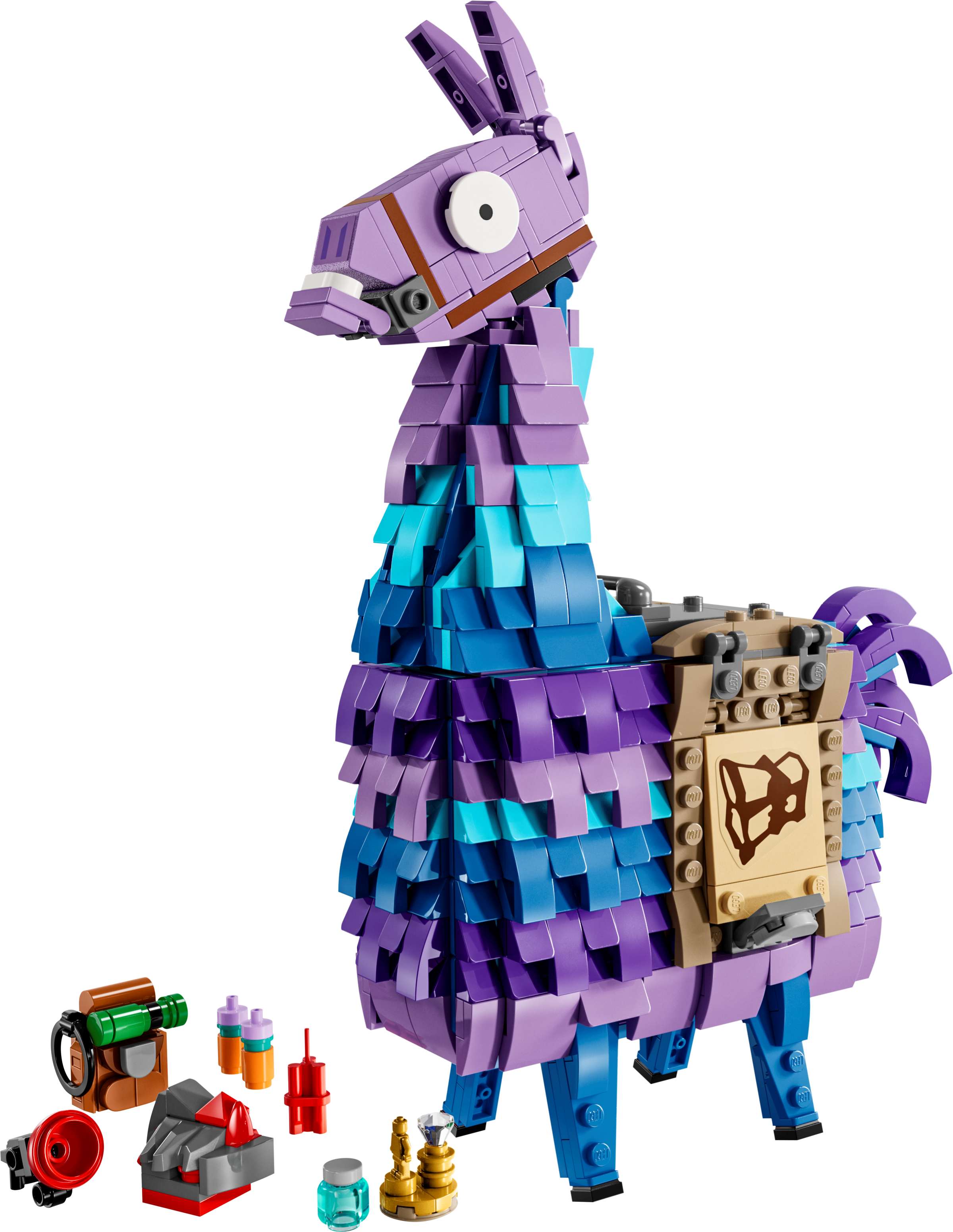 LEGO set of a colorful llama-like creature with accessories on a white background