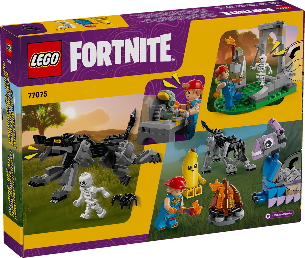 LEGO Fortnite set packaging with characters and creatures on a grassy field background.