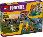 LEGO Fortnite set packaging with characters and creatures on a grassy field background.