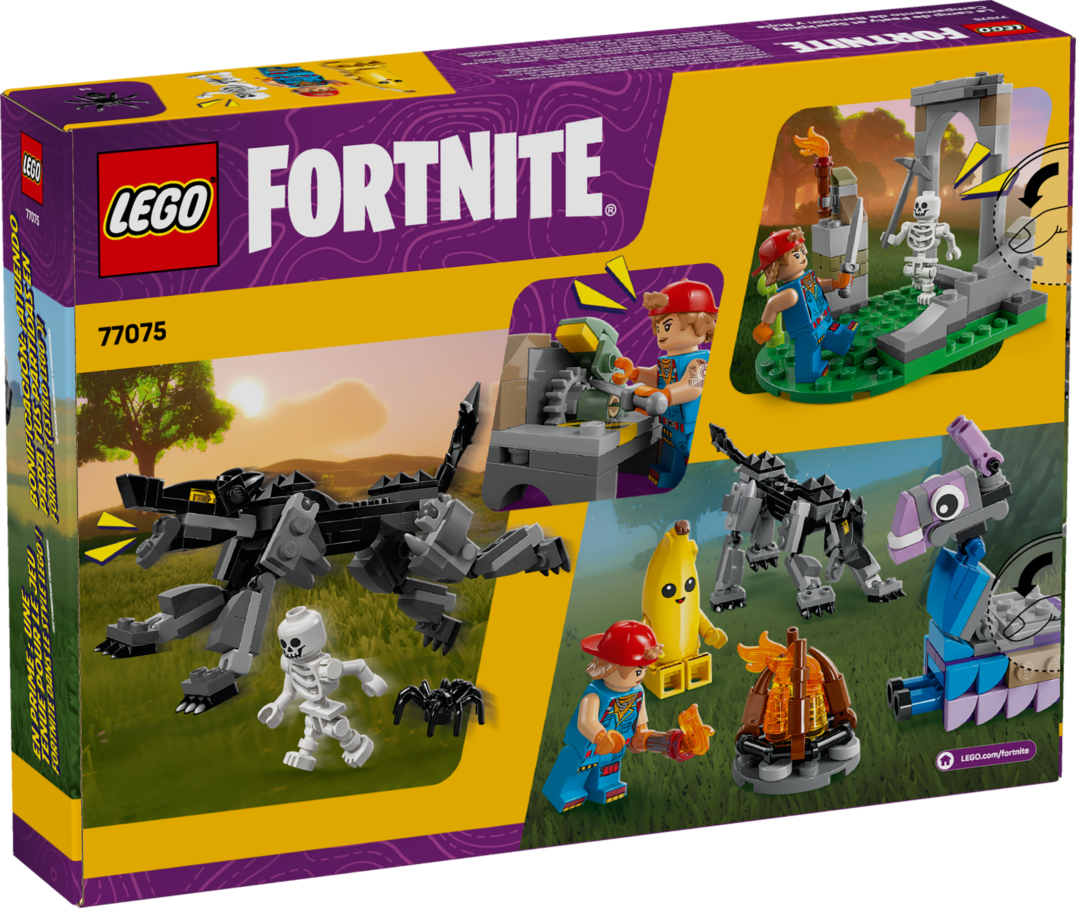 LEGO Fortnite set packaging with characters and creatures on a grassy field background.