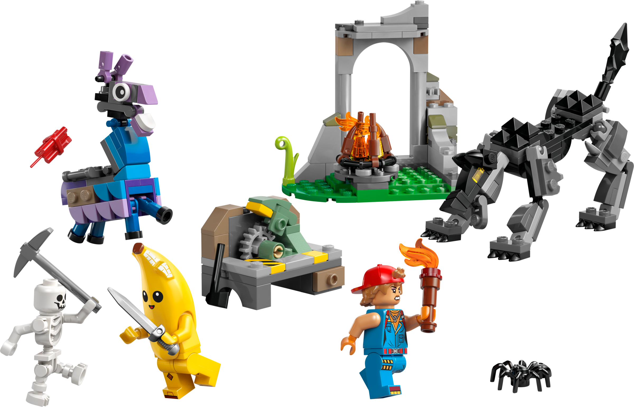 Collection of LEGO figurines and sets on a white background