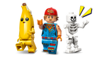 Three LEGO figures: a banana character, a skeleton, and a character in a blue outfit with a red hat on a white background.