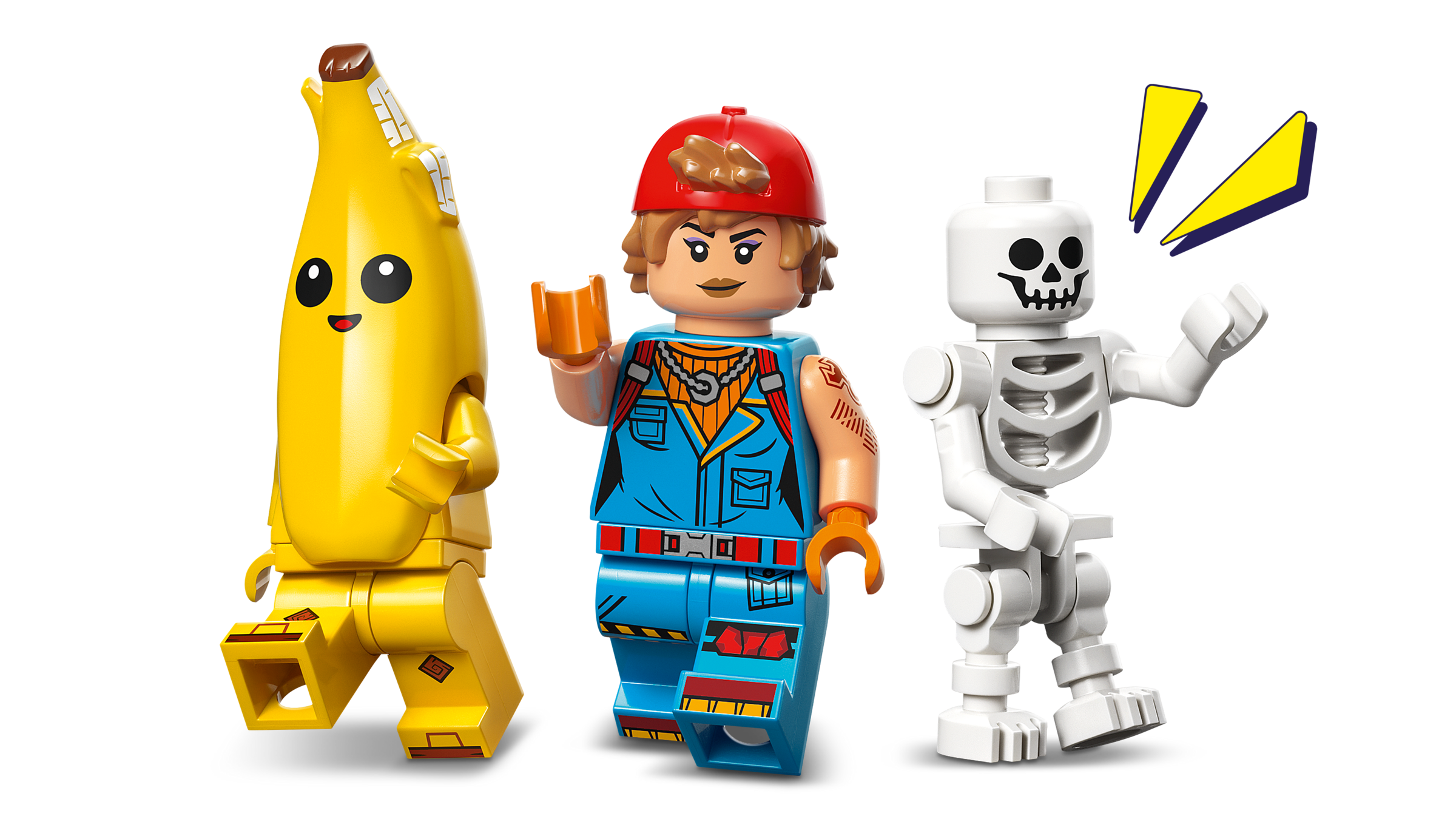 Three LEGO figures: a banana character, a skeleton, and a character in a blue outfit with a red hat on a white background.