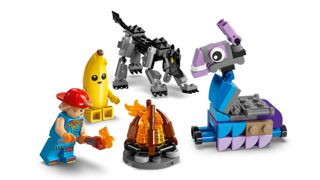 Set of LEGO figurines including a character with a red helmet, a banana, a robot, and a vehicle on a white background
