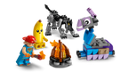 Set of LEGO figurines including a character with a red helmet, a banana, a robot, and a vehicle on a white background