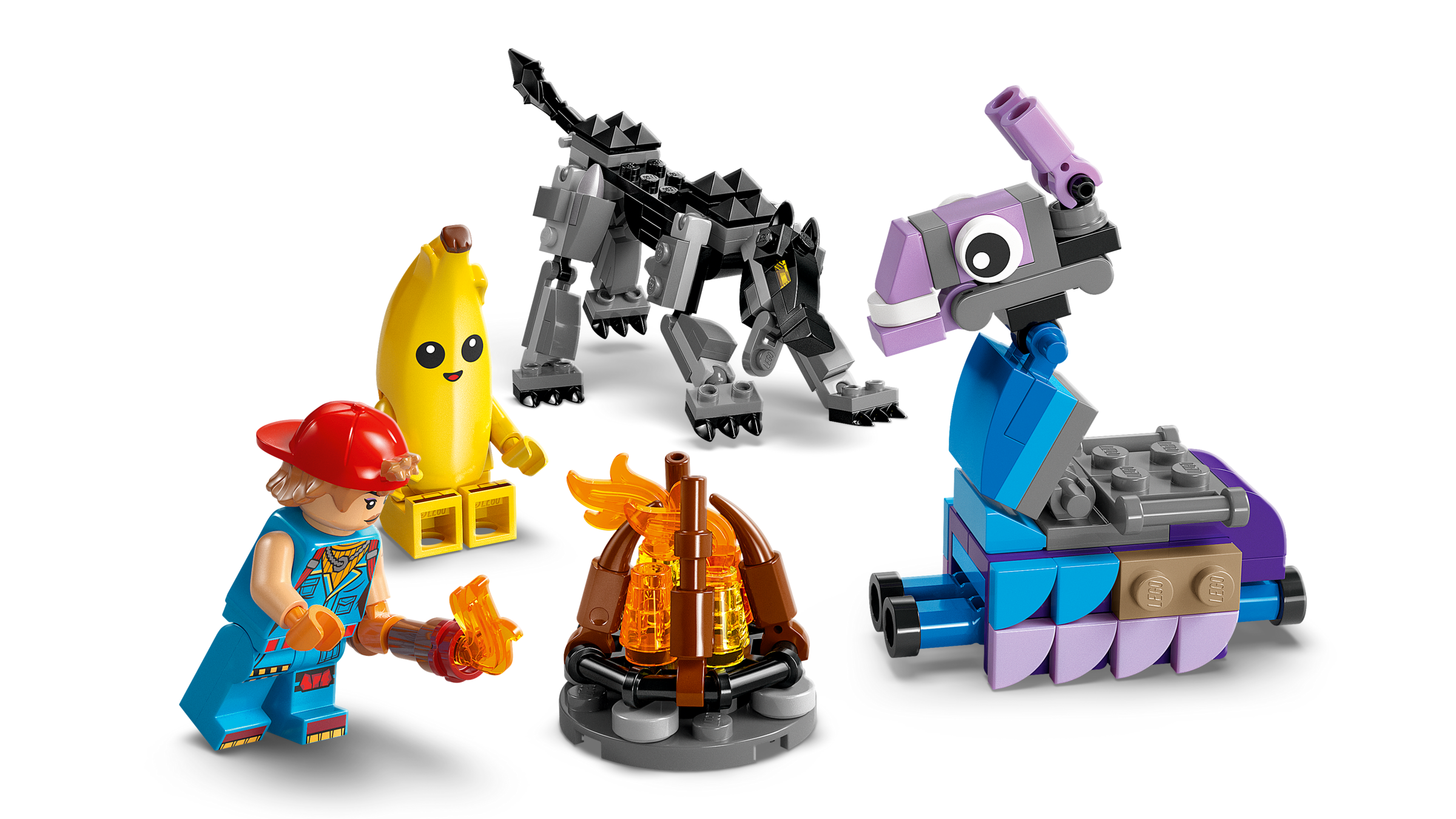 Set of LEGO figurines including a character with a red helmet, a banana, a robot, and a vehicle on a white background