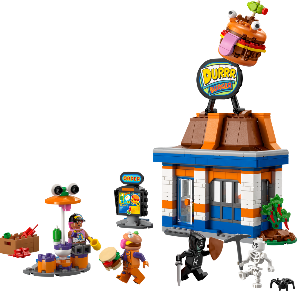 LEGO set with a burger shop and characters on a white background