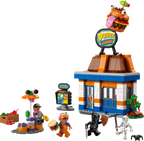 LEGO set with a burger shop and characters on a white background