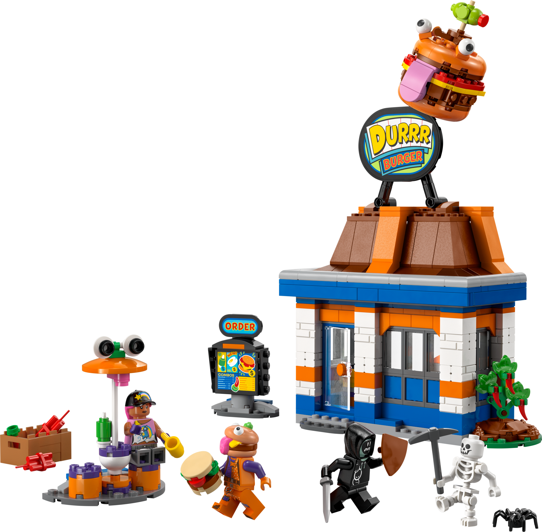 LEGO set with a burger shop and characters on a white background