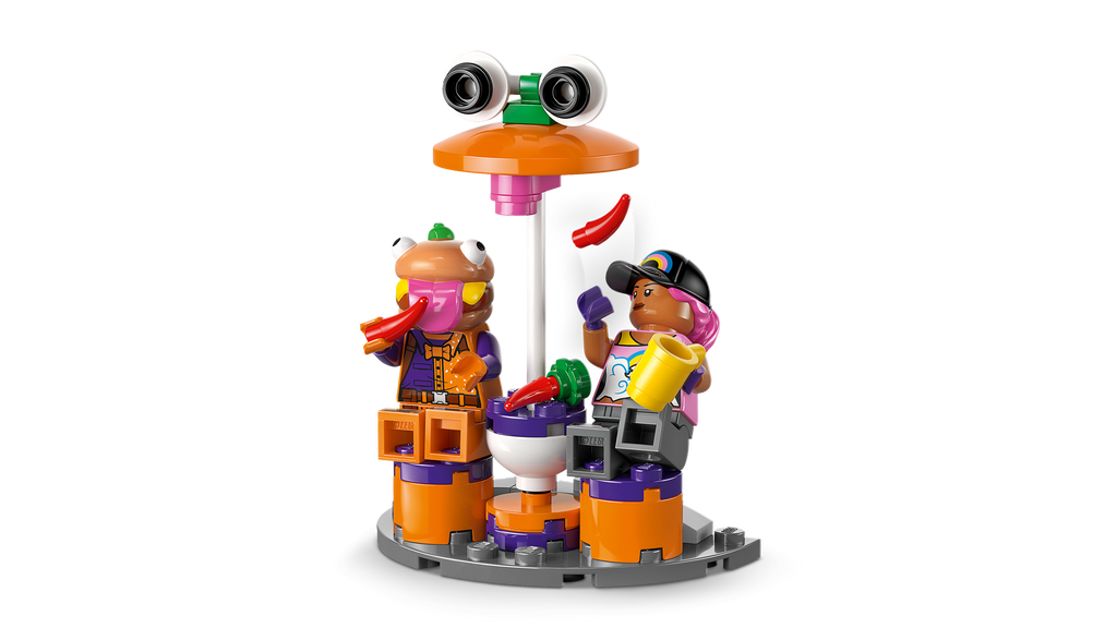 LEGO set with two characters and a stand on a white background